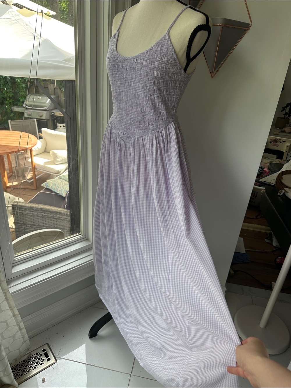 AERIE Lavender White Gingham Smocked Maxi Dress Cottagecore Dropped Waist Small - Picture 3 of 13